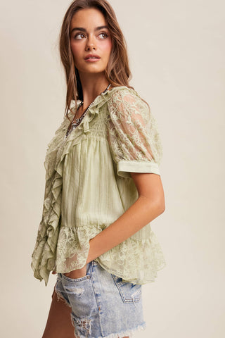 The Lace Trim Ruffle Peplum Blouse
