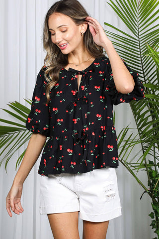 Open Self Tie Front Cherry Printed Blouse