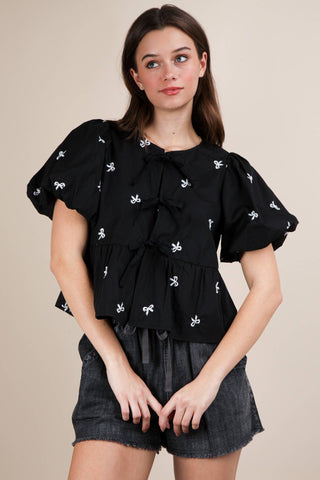 The Bella Front Tie Bow Embroidered Blouse Top