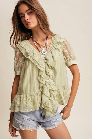The Lace Trim Ruffle Peplum Blouse