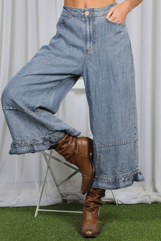 Flared Ruffle Hem Washed Chambray Crop Denim