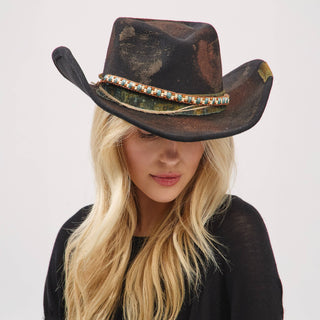 Distressed Fabric Band Rustic Cowgirl Fedora Hat