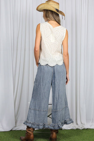 Flared Ruffle Hem Washed Chambray Crop Denim