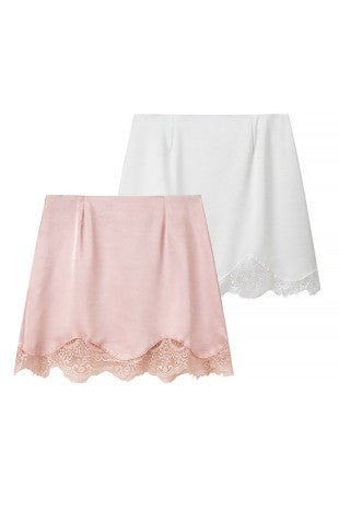 Lace Trim Satin Mini Skirt-White