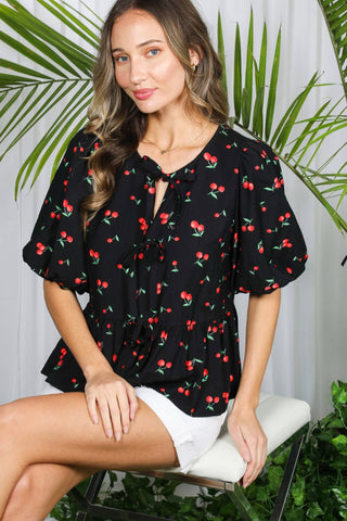 Open Self Tie Front Cherry Printed Blouse