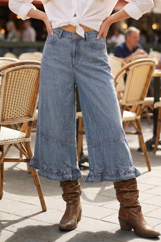 Flared Ruffle Hem Washed Chambray Crop Denim