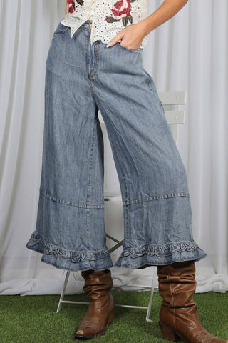 Flared Ruffle Hem Washed Chambray Crop Denim