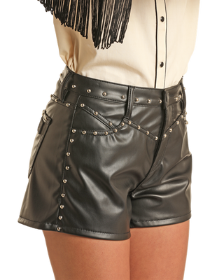 Faux Leather & Studded Shorts- Black