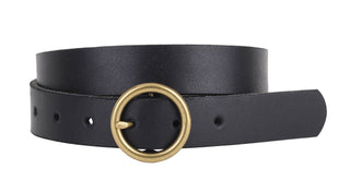 Brass-Toned Circle Buckle Leather Belt-Black